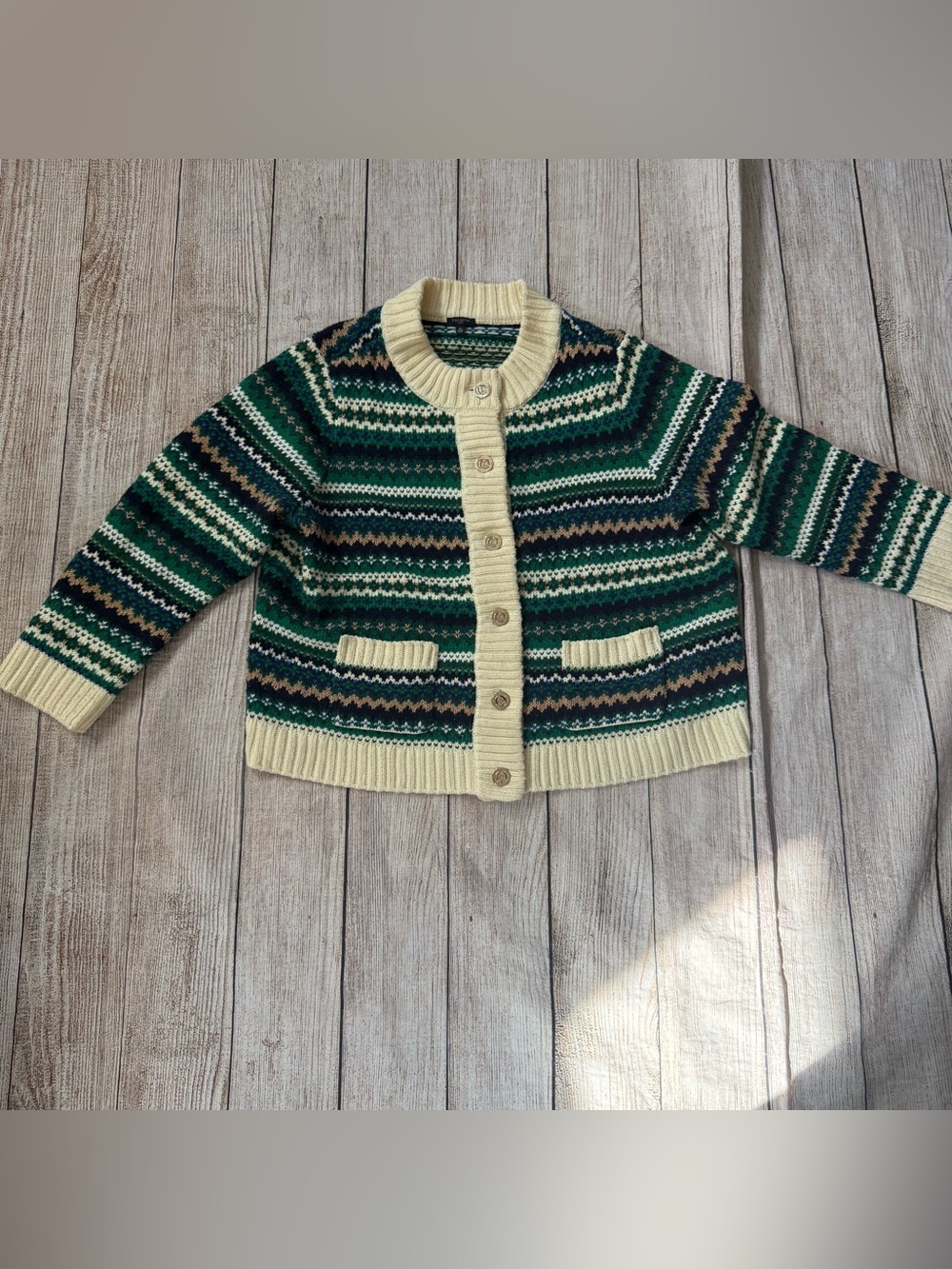 Talbots Metallic Green Cream Mock Neck Sweater Jacket Cadet Fair Isle Size 2X